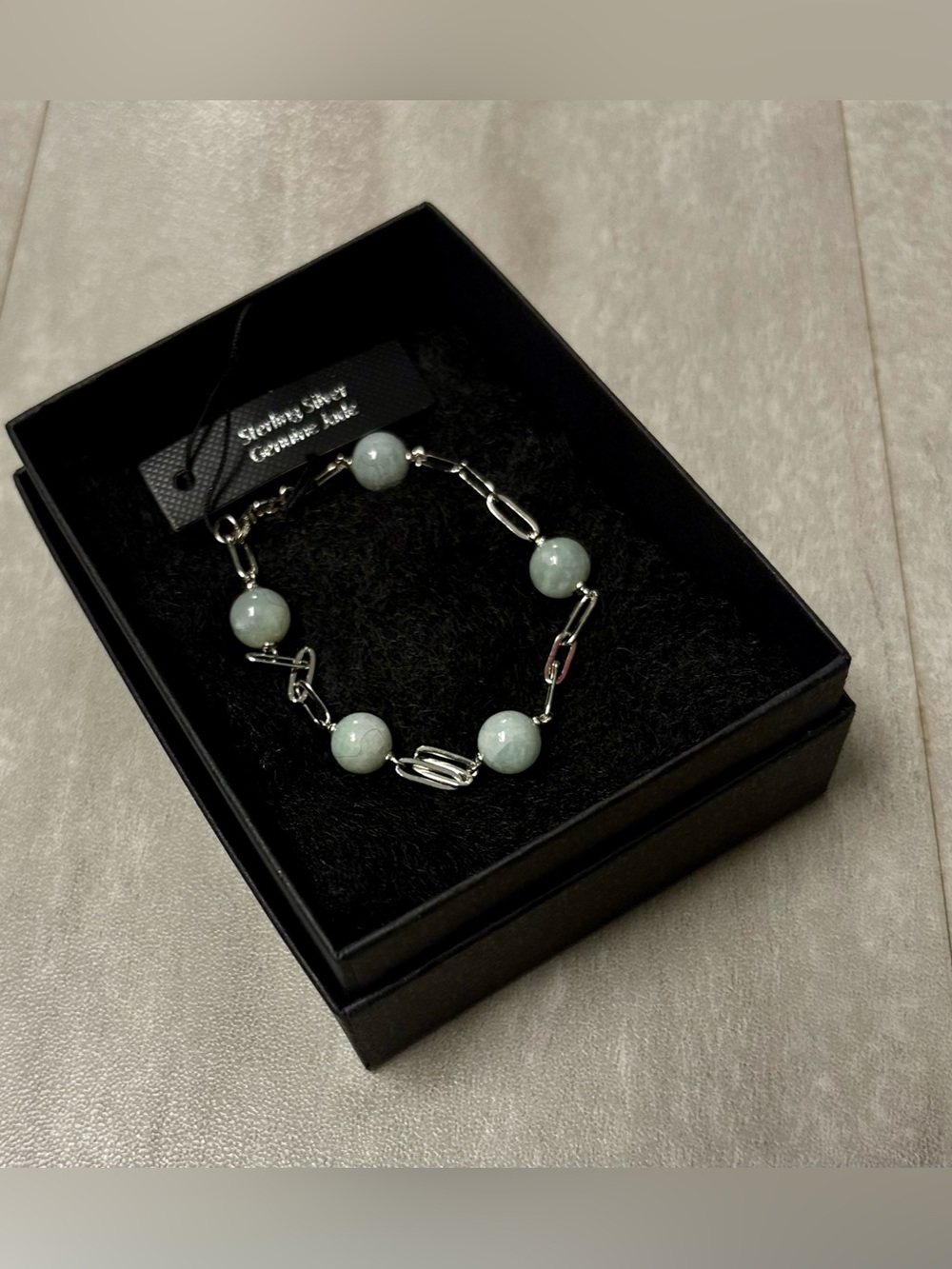 925 Sterling Silver Genuine Jade Bead Paperclip Chain Link Link Bracelet NWT